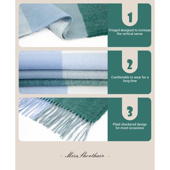 Women Green Blue Check Winter Warm Shawl Wraps Tartan Blanket Oversized Scarves - Picture 4 of 6